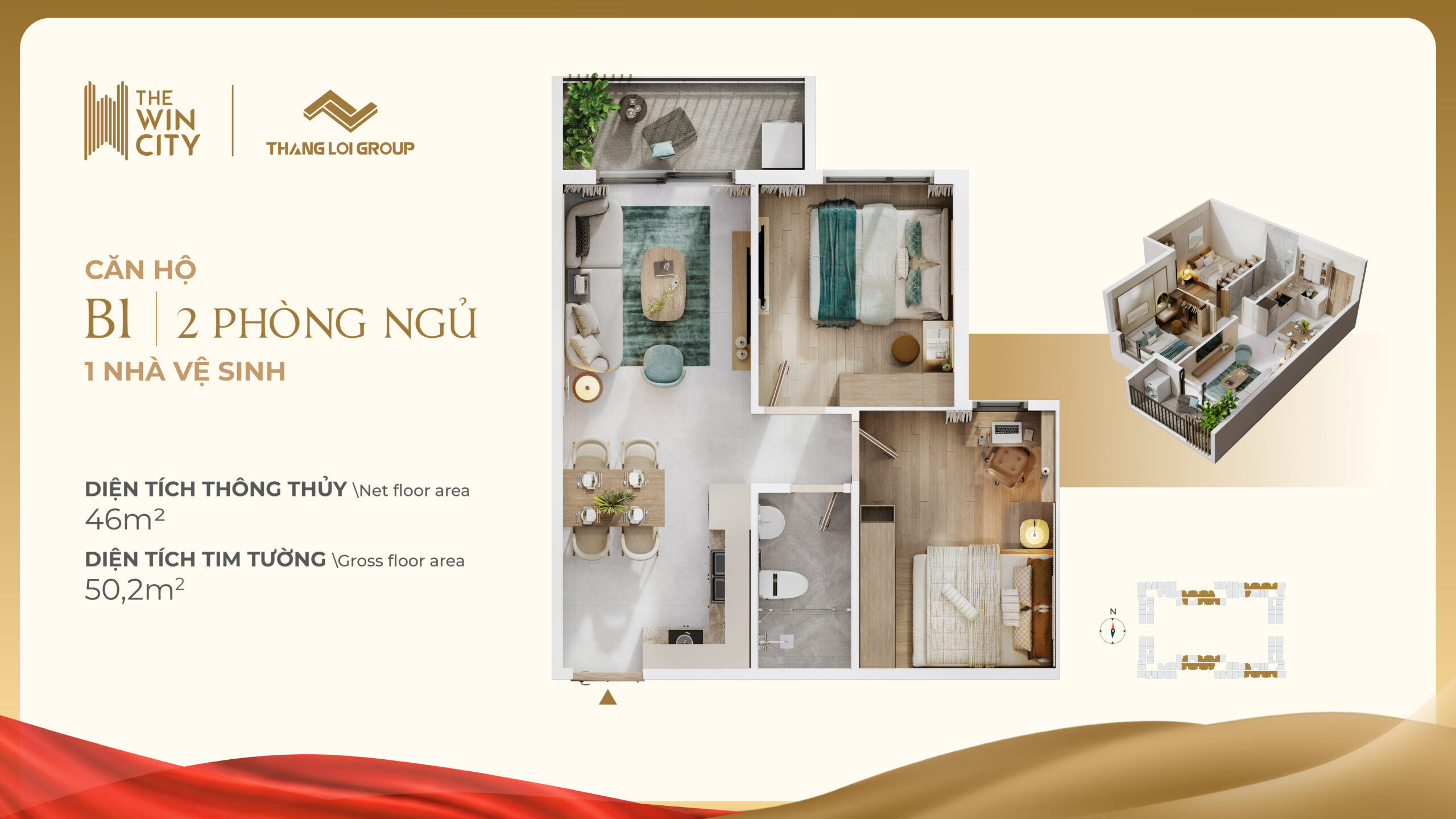 Thiết kế Căn hộ 2PN - 1WC