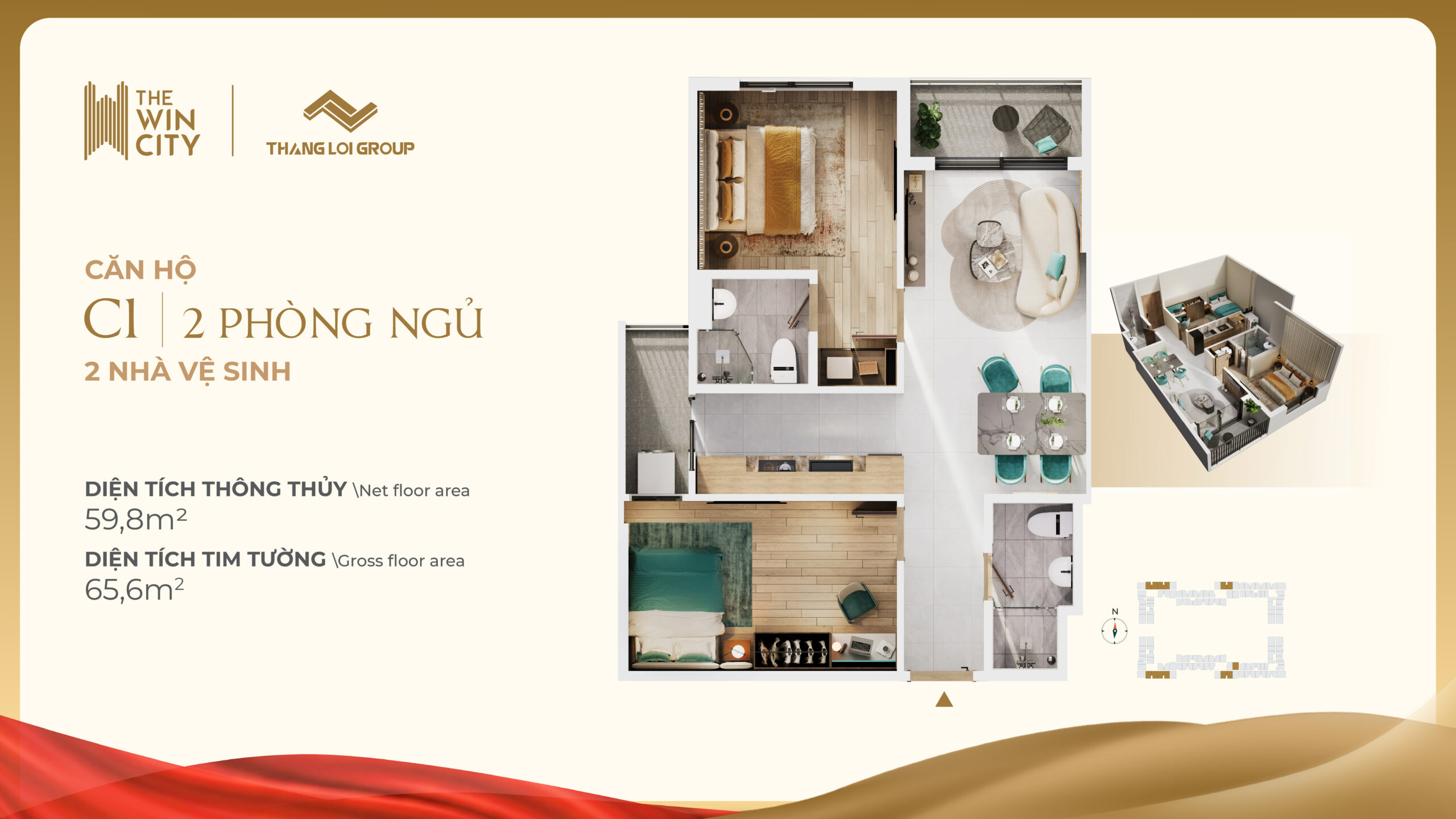 Thiết kế Căn hộ 2PN - 2WC tiêu chuẩn