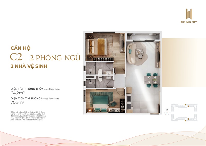 Thiết kế Căn hộ 2PN - 2WC 70.5m2