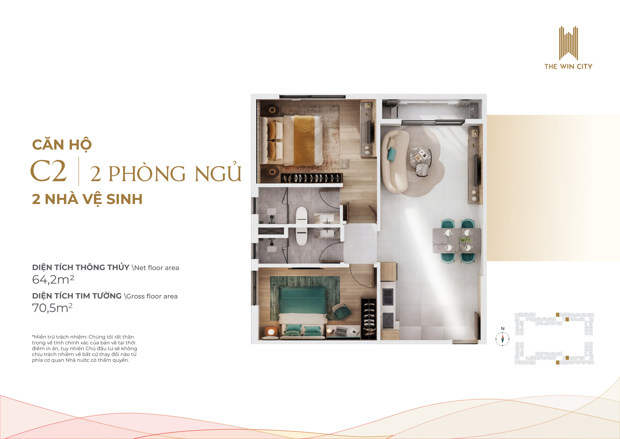 Thiết kế Căn hộ 2PN - 2WC 70.5m2
