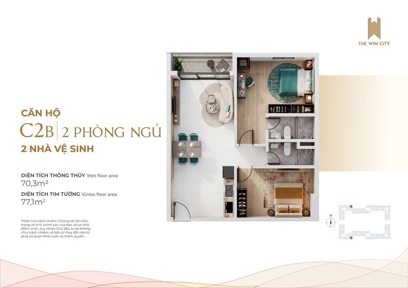 Thiết kế Căn hộ 2PN - 2WC 77m2