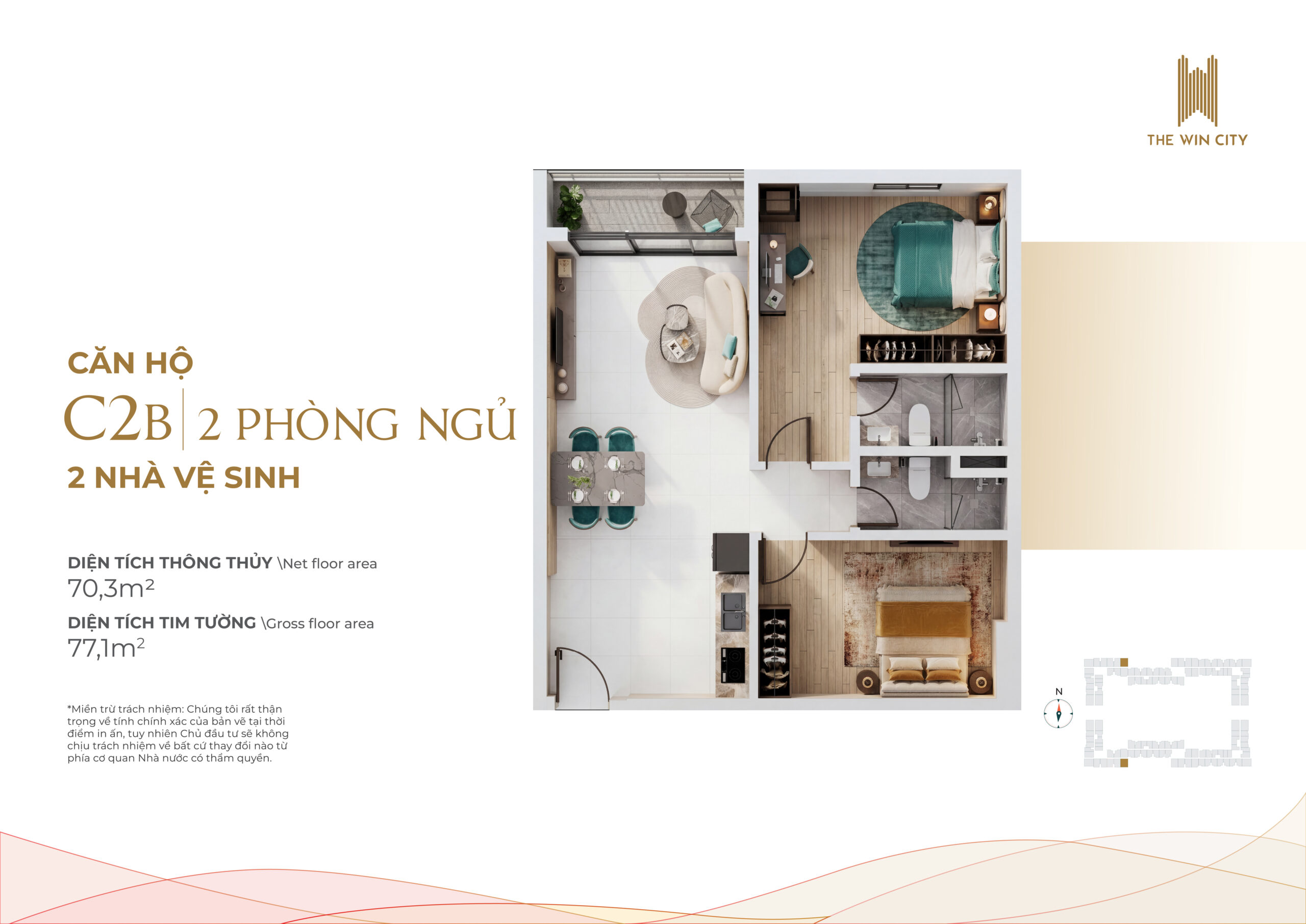 Thiết kế Căn hộ 2PN - 2WC 77m2