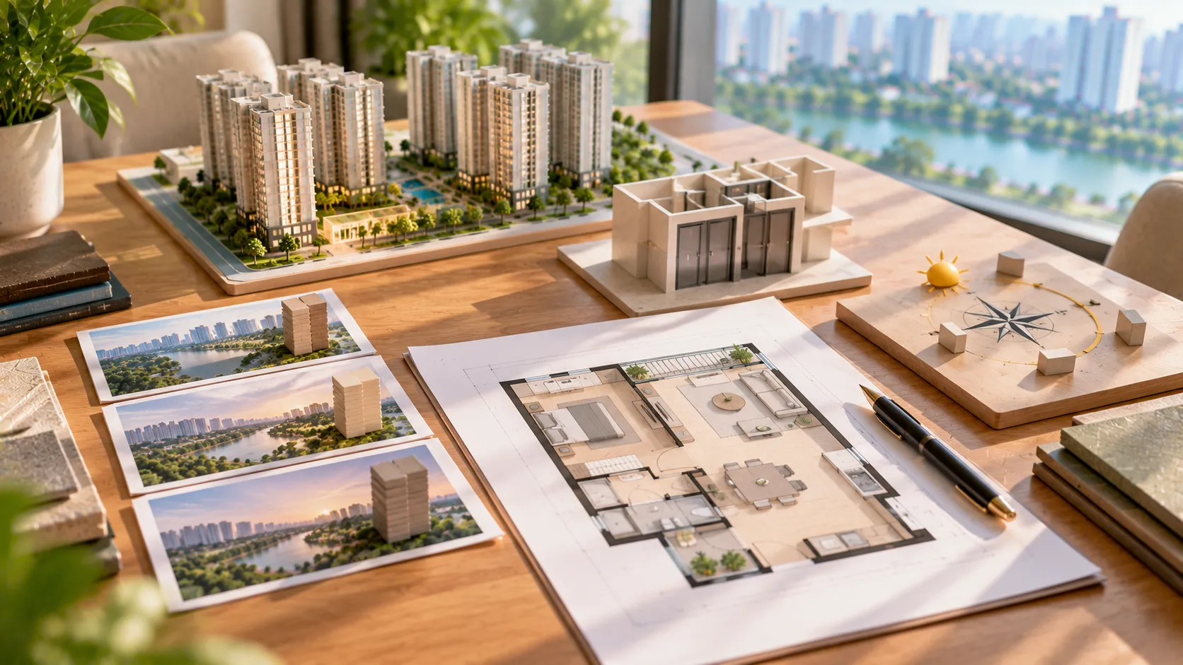 Cách chọn 1PN+ Victory Hermes theo tầng hướng Bản vẽ căn hộ và mô hình nội thất trên bàn tư vấn – Cách chọn 1PN+ Victory Hermes theo tầng hướng