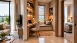 Không gian căn hộ với bàn làm việc sát cửa sổ – Căn Hộ 1PN+ Victory Heights: Có Phù Hợp Với Bạn? (ảnh minh họa)