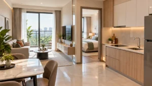 Căn hộ nhỏ có phòng khách mở và khu bếp – Căn Hộ 1PN Victory Heights: Chọn Diện Tích, Tầng, Hướng (ảnh minh họa)