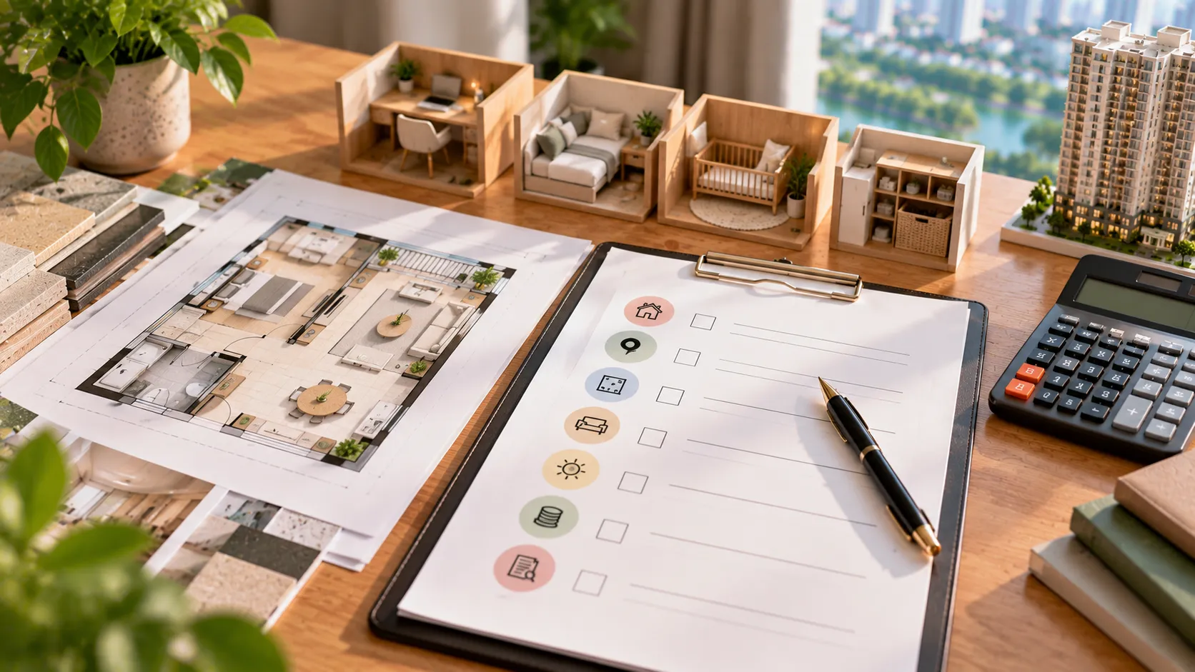 Checklist chọn 1PN+ Victory Hermes Bảng checklist đặt cạnh hai mẫu layout căn hộ – Checklist chọn 1PN+ Victory Hermes
