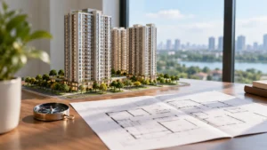 Mô hình tòa căn hộ đặt cạnh bản vẽ mặt bằng – Giỏ Hàng Victory Heights: Cách Lọc Căn Phù Hợp (ảnh minh họa)