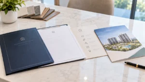 Bộ hồ sơ tài liệu giao dịch đặt trên bàn đá – Hợp Đồng Mua Bán Victory Heights: Checklist Trước Khi Ký (ảnh minh họa)