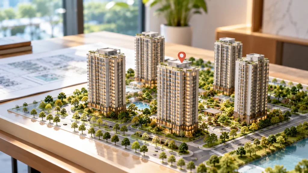 Mô hình nhiều khối nhà trong khuôn viên cây xanh – Lịch Thanh Toán Victory Heights: Các Mốc Cần Chuẩn Bị (ảnh minh họa)