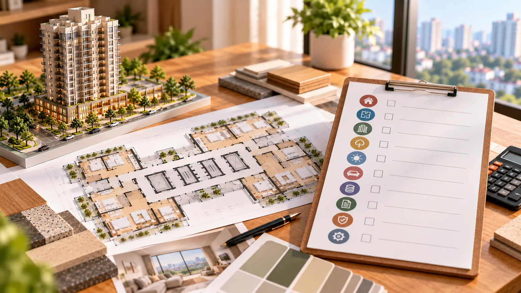 Mô hình tòa nhà cùng bảng checklist lọc căn – Mặt bằng C1.3 Victory Heights