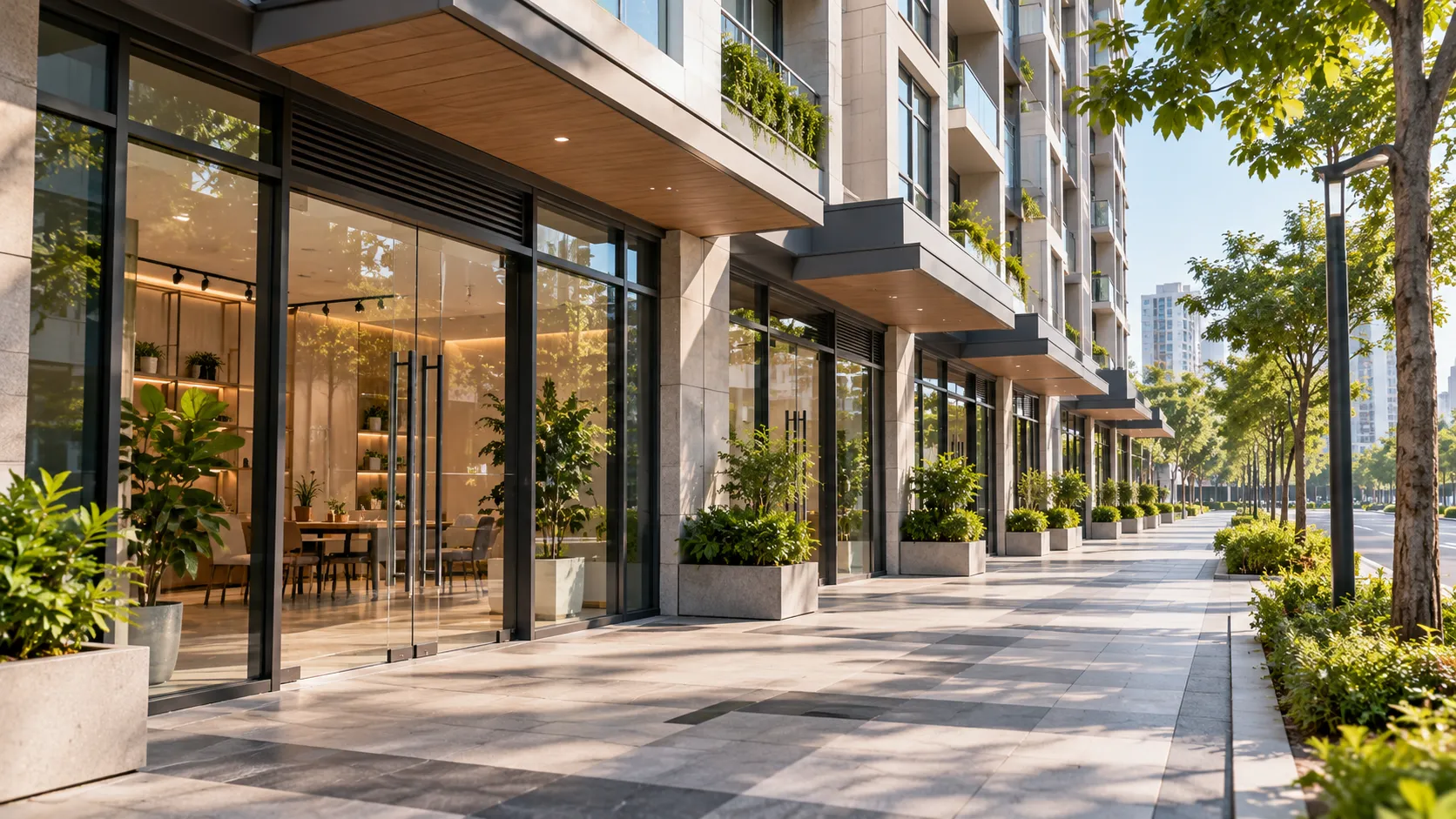 Tổng thể shophouse Victory Heights Không gian khối thương mại tầng trệt có cửa kính – Tổng thể shophouse Victory Heights