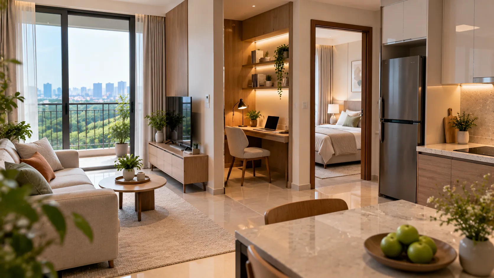 Không gian căn hộ nhỏ với góc làm việc bên cửa sổ – So sánh 1PN và 1PN+ Victory Heights