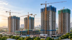 Cảnh công trường với các tòa nhà đang thi công minh họa – Tiến Độ Victory Heights: Theo Dõi Từng Block C1, C2 (ảnh minh họa)