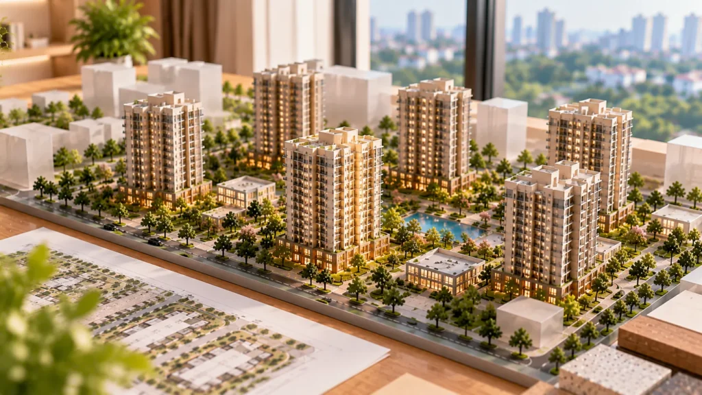Toàn cảnh mô hình dự án với nhiều tòa cao tầng – Tòa C1.2 Victory Heights: Loại Căn Và Cách Chọn (ảnh minh họa)