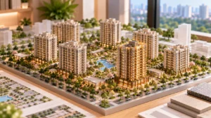 Mô hình tòa chung cư trước bối cảnh thành phố – Tòa C2.2 Victory Heights: Loại Căn Và Cách Chọn (ảnh minh họa)
